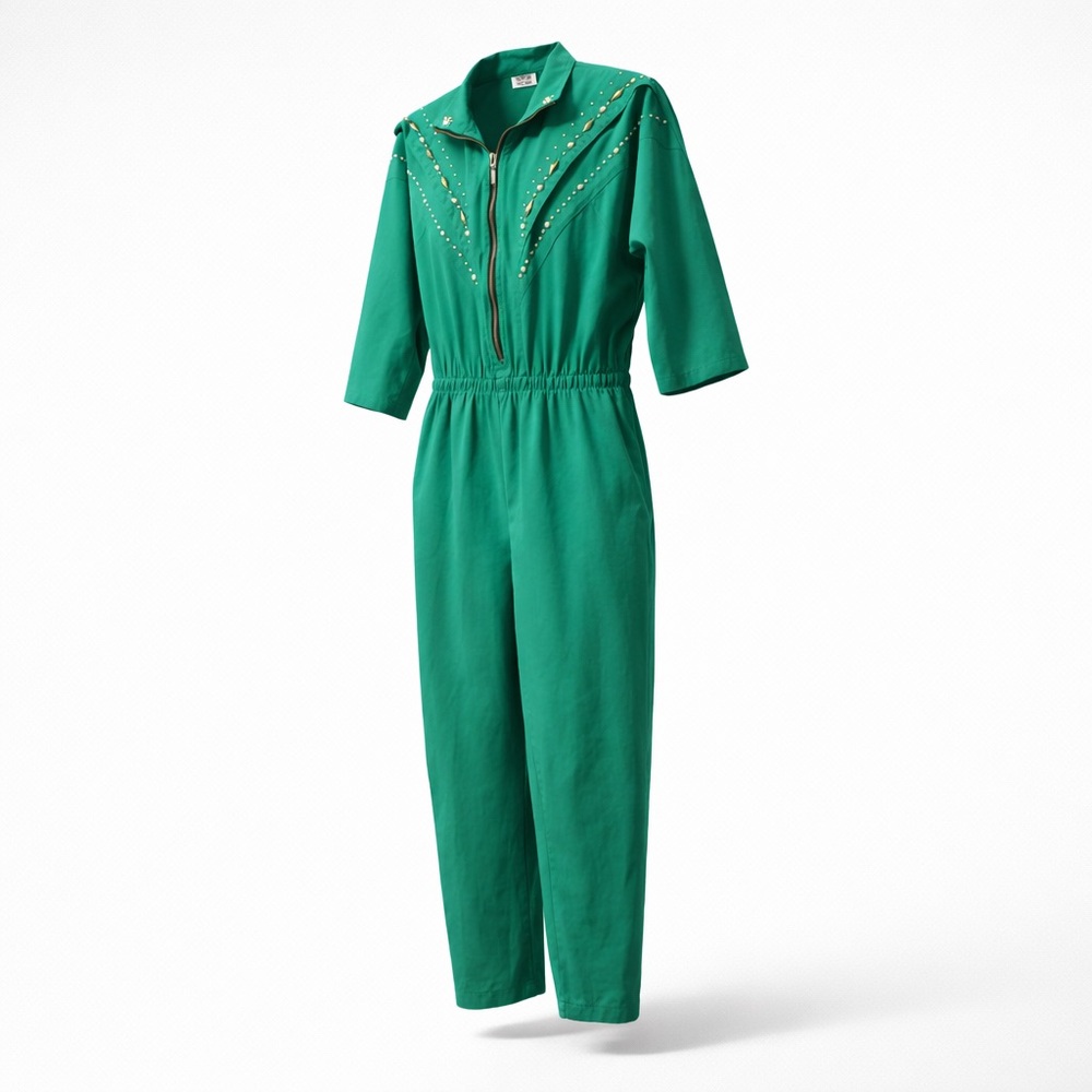 Rio Inc vintage 80s zip up elastic waist emerald green studded jumpsuit  SZ M